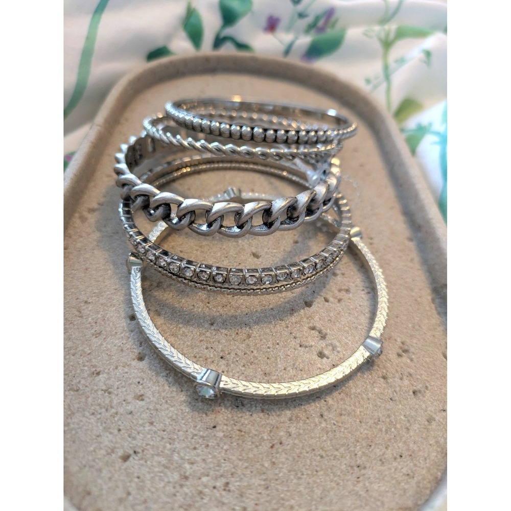 Silver Tone Bangle Bracelet Set Of 6 Textured Rhinestones Layering Stackable